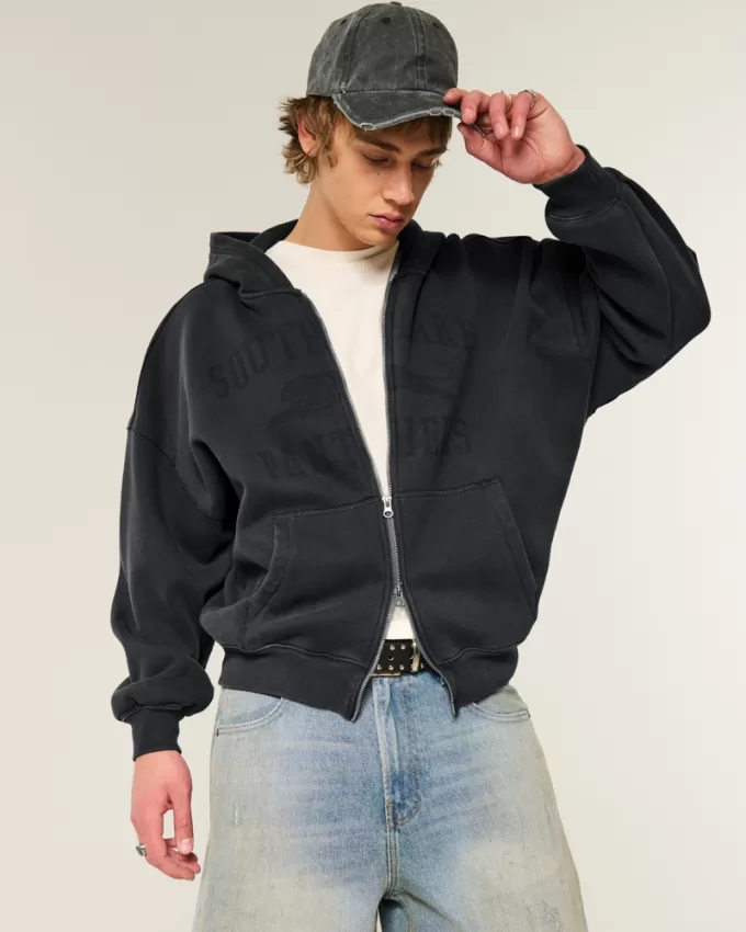 Baggy Cinch Panthers Graphic Zip-Up Hoodie,Baggy Cinch Panthers Graphic Zip-Up Hoodie