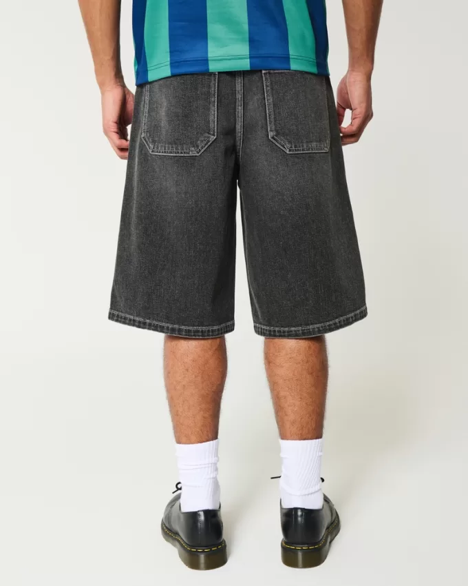 Below-the-Knee Washed Black Super Baggy Denim Shorts,Below-the-Knee Washed Black Super Baggy Denim Shorts