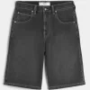 Below-the-Knee Washed Black Super Baggy Denim Shorts,Below-the-Knee Washed Black Super Baggy Denim Shorts