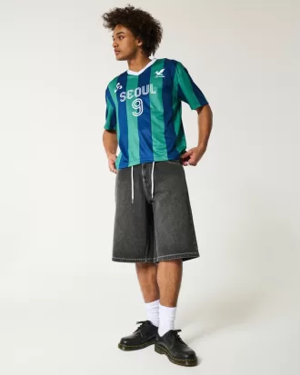 Below-the-Knee Washed Black Super Baggy Denim Shorts,Below-the-Knee Washed Black Super Baggy Denim Shorts