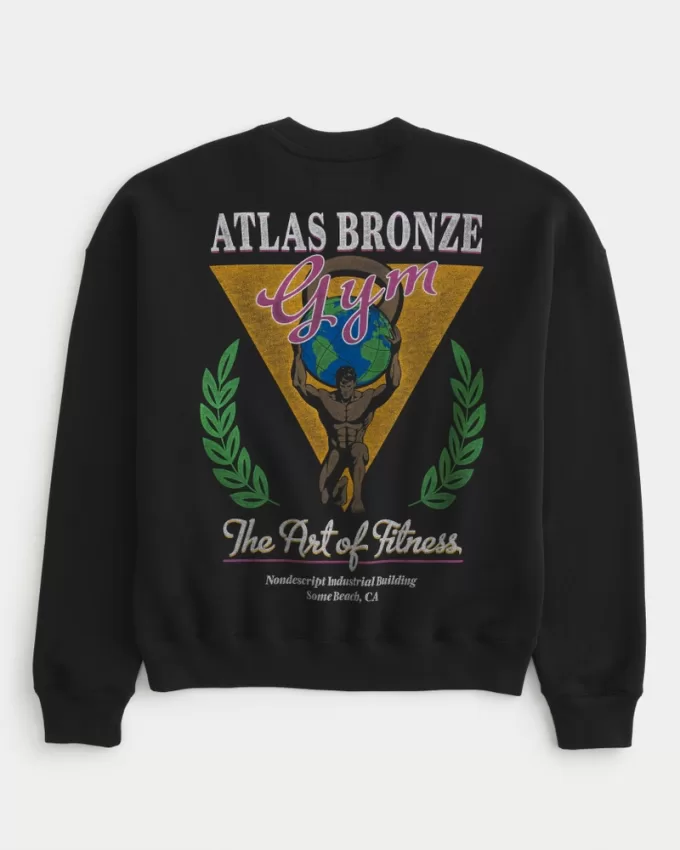 Boxy Atlas Bronze Gym Graphic Crew Sweatshirt,Boxy Atlas Bronze Gym Graphic Crew Sweatshirt
