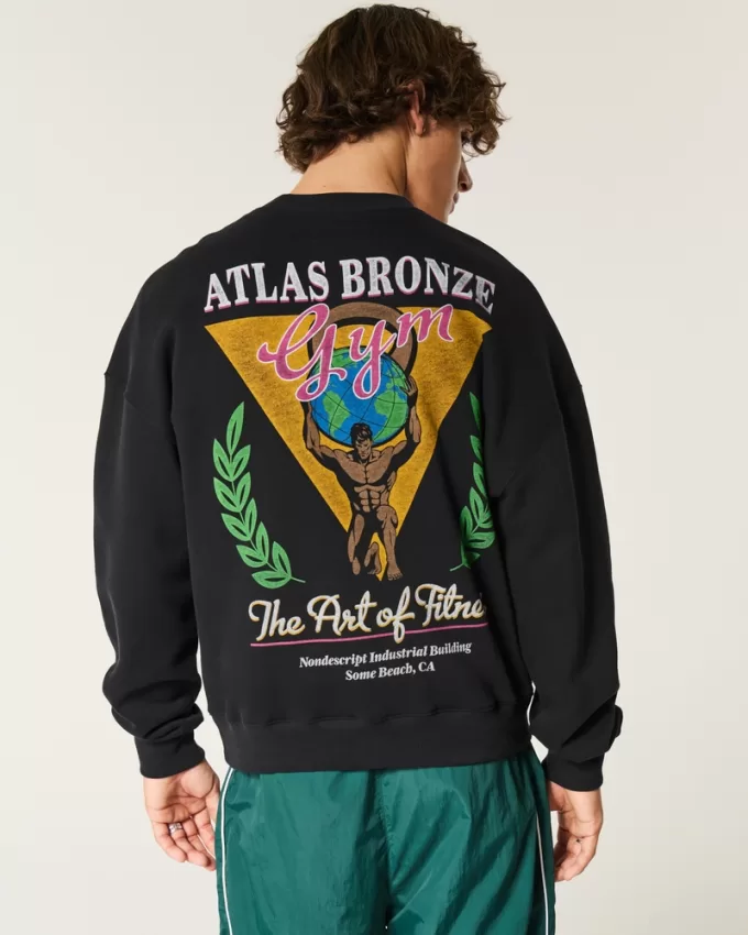 Boxy Atlas Bronze Gym Graphic Crew Sweatshirt,Boxy Atlas Bronze Gym Graphic Crew Sweatshirt