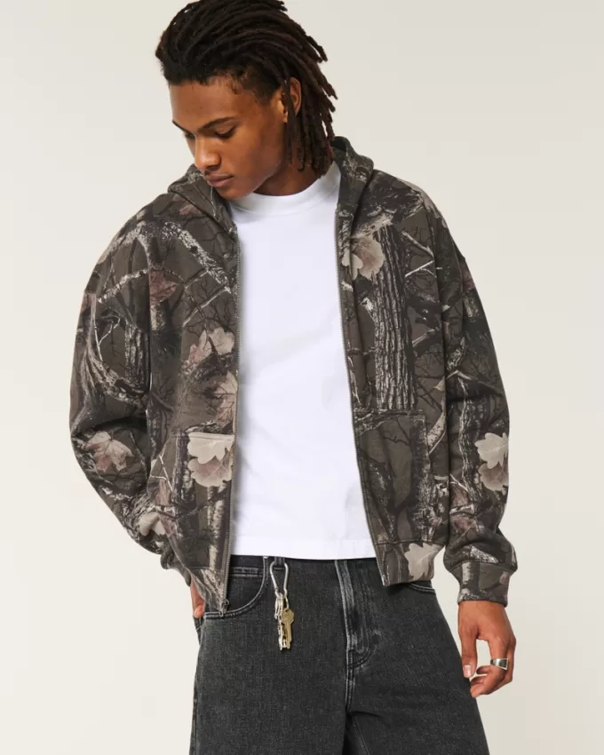Boxy Camo Zip-Up Hoodie,Boxy Camo Zip-Up Hoodie