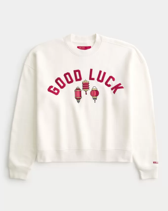 Boxy Crop Lunar New Year Graphic Crew Sweatshirt,Boxy Crop Lunar New Year Graphic Crew Sweatshirt