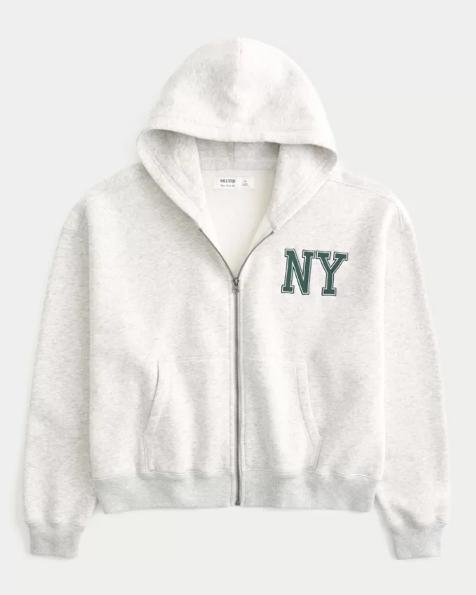 Boxy Crop NY Graphic Zip-Up Hoodie,Boxy Crop NY Graphic Zip-Up Hoodie