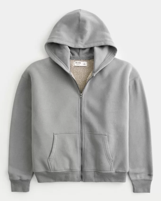 Boxy Faux Shearling-Lined Zip-Up Hoodie,Boxy Faux Shearling-Lined Zip-Up Hoodie