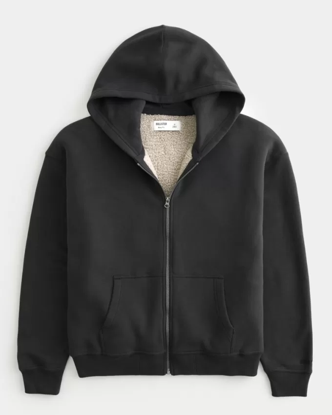 Boxy Faux Shearling-Lined Zip-Up Hoodie,Boxy Faux Shearling-Lined Zip-Up Hoodie