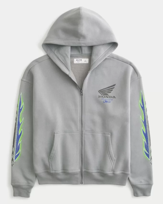 Boxy Honda Racing Graphic Zip-Up Hoodie,Boxy Honda Racing Graphic Zip-Up Hoodie
