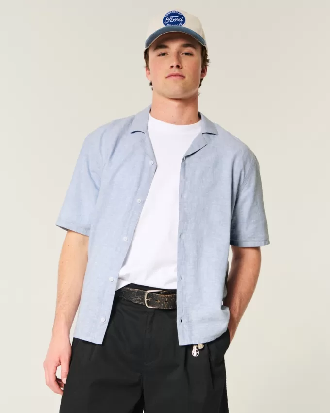 Boxy Linen-Blend Short-Sleeve Shirt,Boxy Linen-Blend Short-Sleeve Shirt