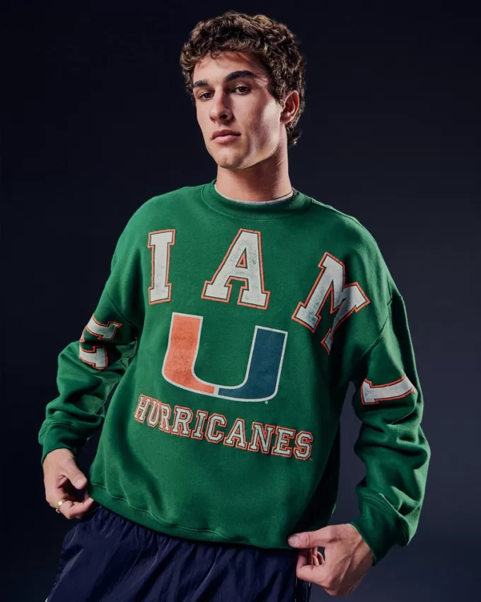 Boxy University of Miami Hurricanes Graphic Crew Sweatshirt,Boxy University of Miami Hurricanes Graphic Crew Sweatshirt