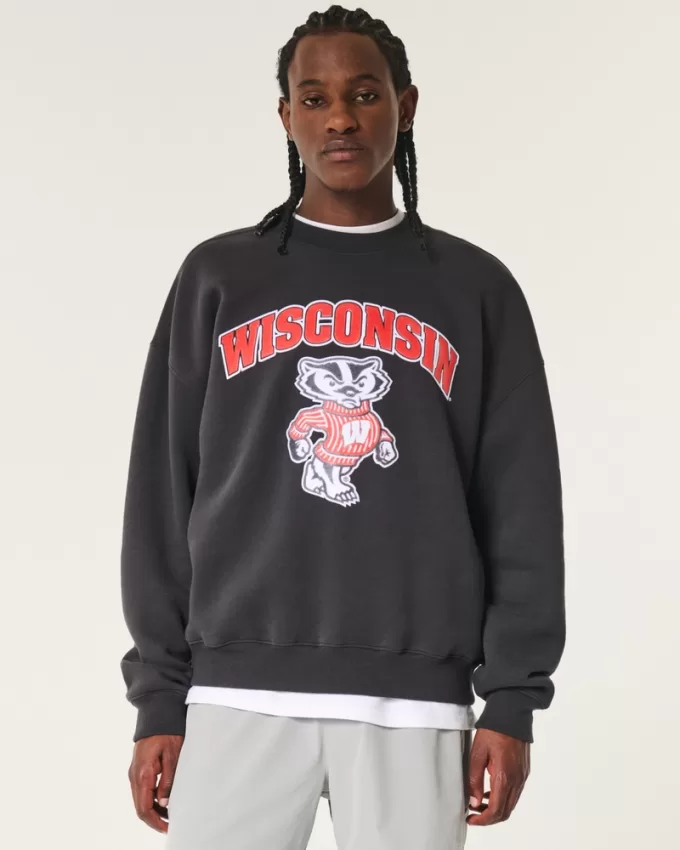 Boxy University of Wisconsin Graphic Crew Sweatshirt,Boxy University of Wisconsin Graphic Crew Sweatshirt