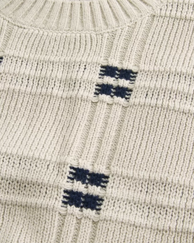 Boxy Windowpane Stitch Crew Sweater,Boxy Windowpane Stitch Crew Sweater