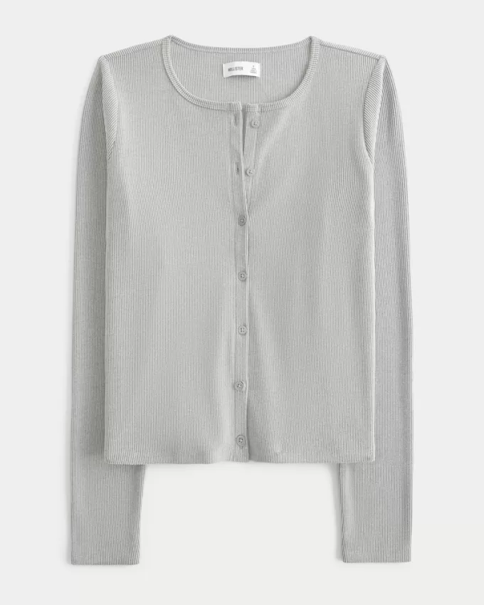 Cozy Ribbed Seamless Button-Through Crew Top,Cozy Ribbed Seamless Button-Through Crew Top