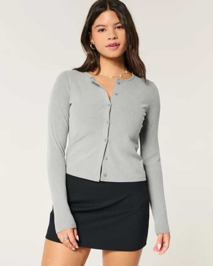 Cozy Ribbed Seamless Button-Through Crew Top,Cozy Ribbed Seamless Button-Through Crew Top