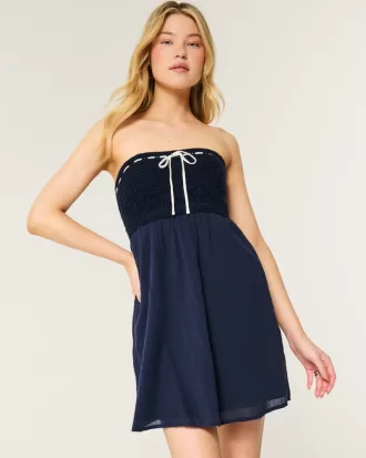 Crochet-Style Mix Strapless Mini Dress,Crochet-Style Mix Strapless Mini Dress