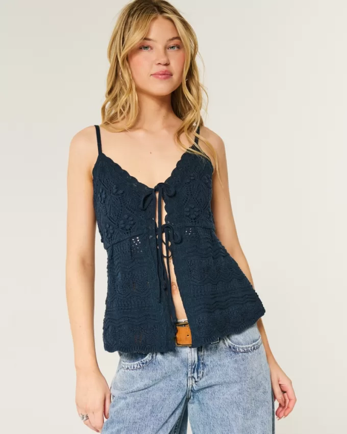 Crochet-Style Tie-Front Sweater Tank,Crochet-Style Tie-Front Sweater Tank