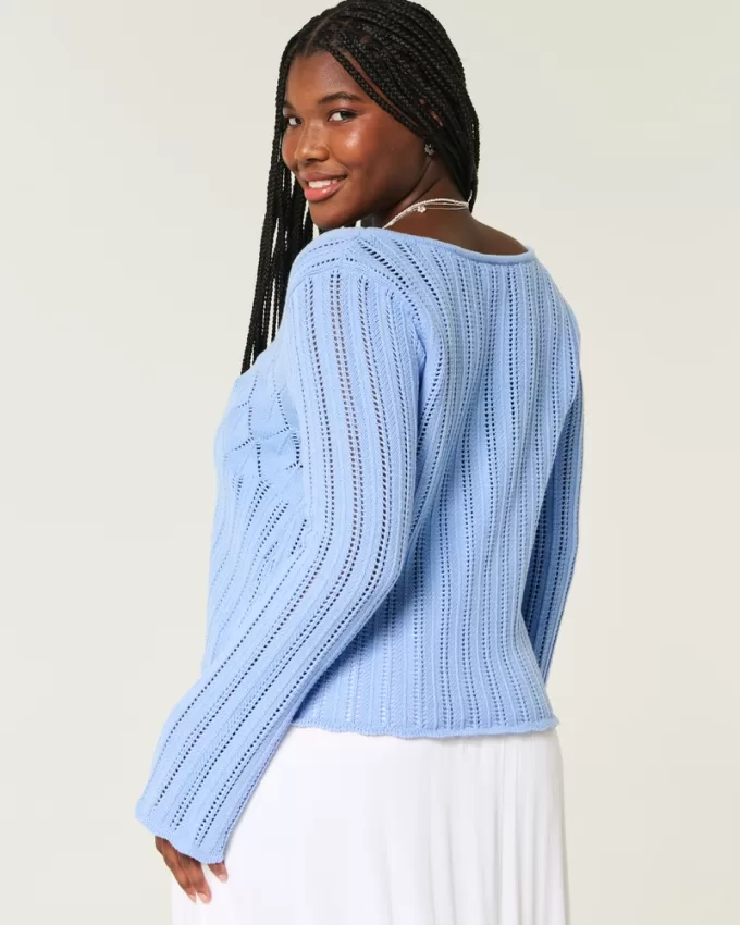 Crochet-Style Tie-Front Textured Sweater,Crochet-Style Tie-Front Textured Sweater