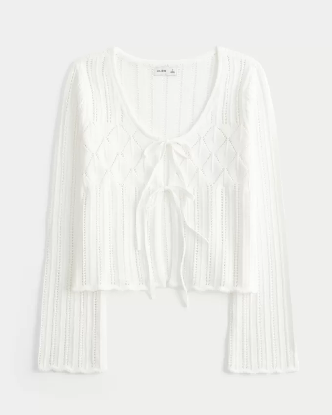 Crochet-Style Tie-Front Textured Sweater,Crochet-Style Tie-Front Textured Sweater