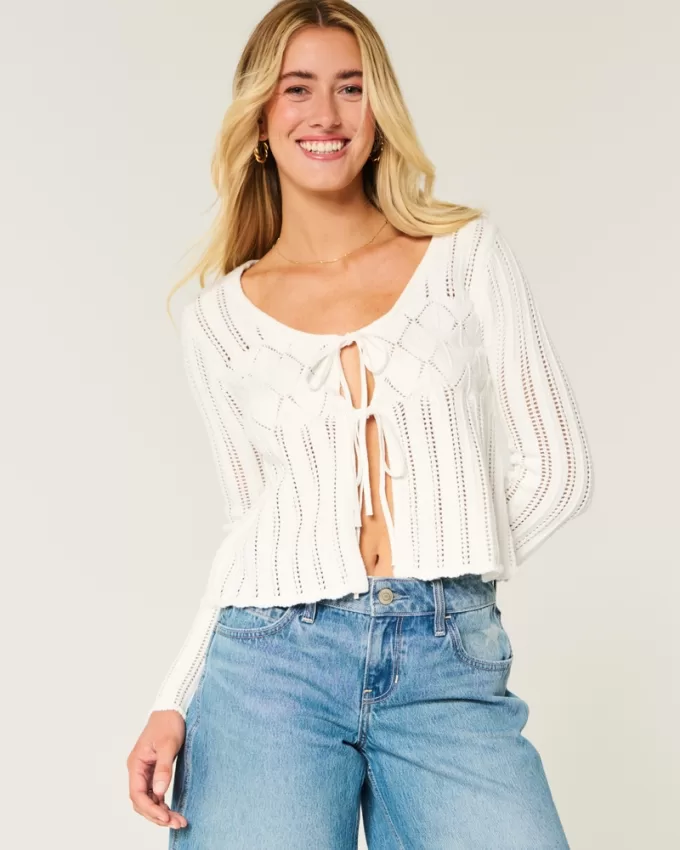 Crochet-Style Tie-Front Textured Sweater,Crochet-Style Tie-Front Textured Sweater