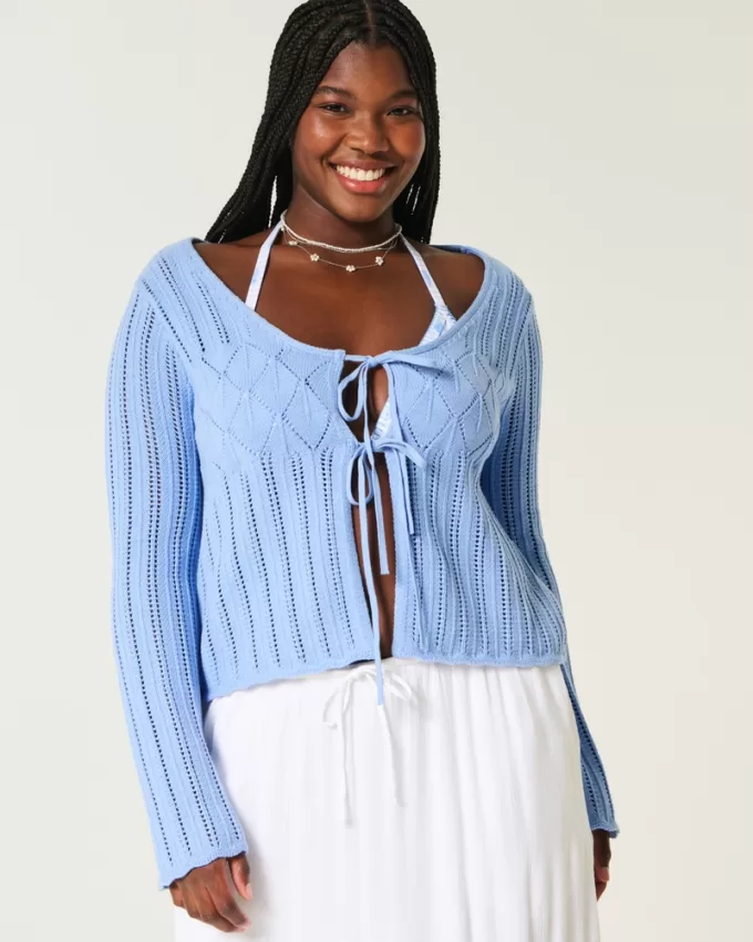 Crochet-Style Tie-Front Textured Sweater,Crochet-Style Tie-Front Textured Sweater