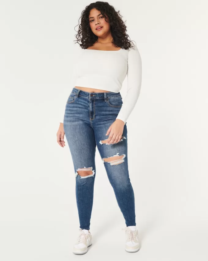 Curvy High-Rise Ripped Dark Wash Super Skinny Jeans,Curvy High-Rise Ripped Dark Wash Super Skinny Jeans