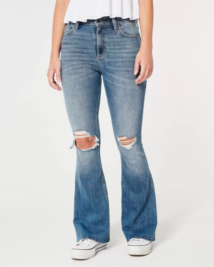 Curvy High-Rise Ripped Medium Wash Flare Jeans,Curvy High-Rise Ripped Medium Wash Flare Jeans
