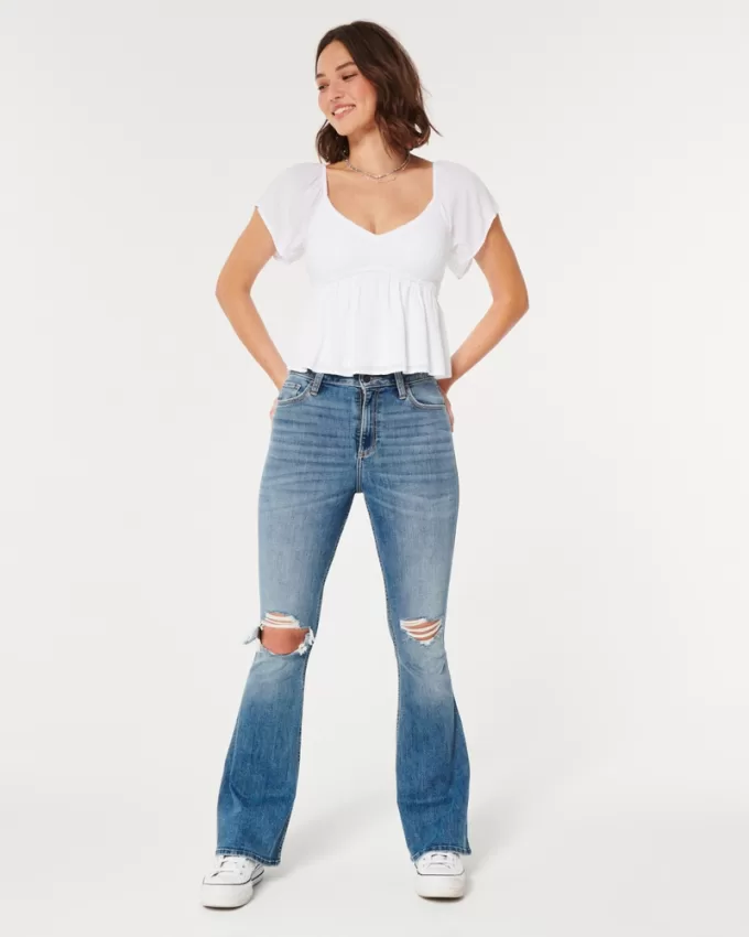 Curvy High-Rise Ripped Medium Wash Flare Jeans,Curvy High-Rise Ripped Medium Wash Flare Jeans