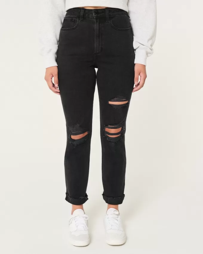 Curvy Ultra High-Rise Ripped Black Mom Jeans,Curvy Ultra High-Rise Ripped Black Mom Jeans