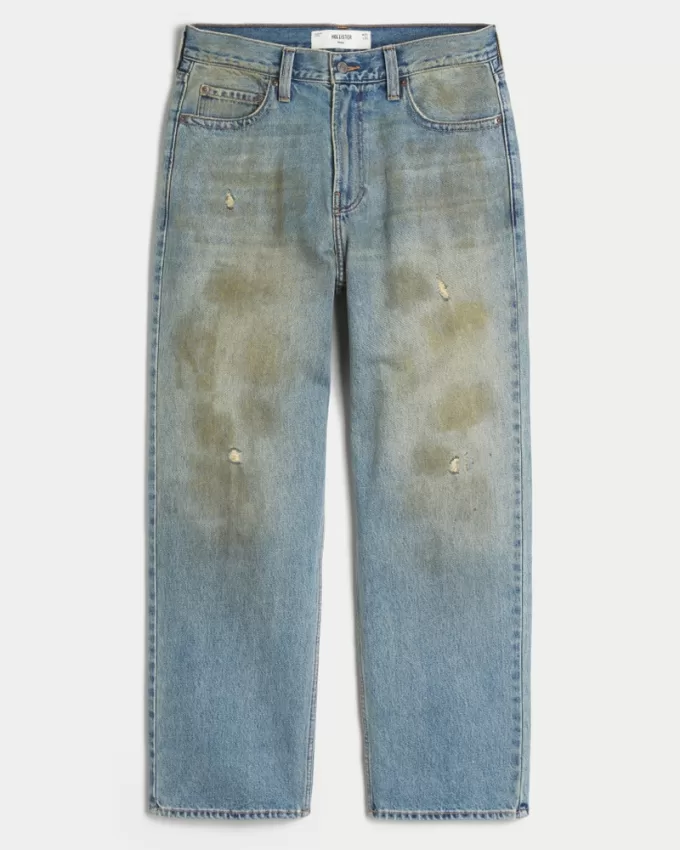 Distressed Greased Medium Wash Baggy Jeans,Distressed Greased Medium Wash Baggy Jeans