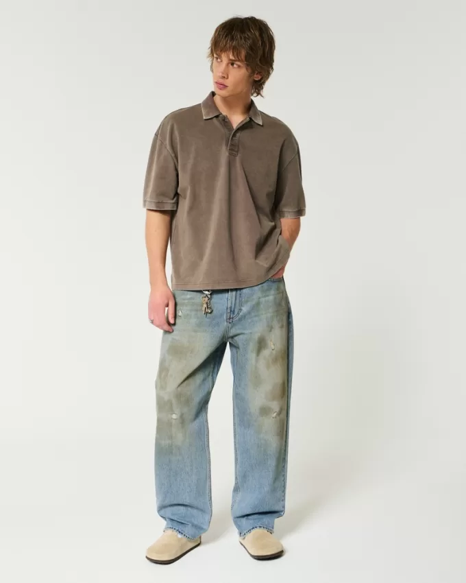 Distressed Greased Medium Wash Baggy Jeans,Distressed Greased Medium Wash Baggy Jeans