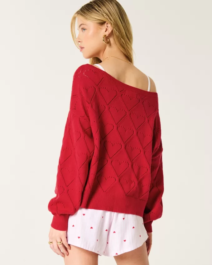 Easy Heart Pattern Off-the-Shoulder Sweater,Easy Heart Pattern Off-the-Shoulder Sweater