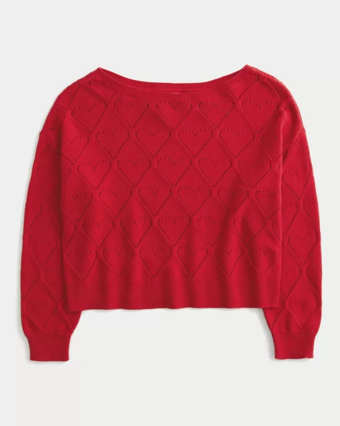 Easy Heart Pattern Off-the-Shoulder Sweater,Easy Heart Pattern Off-the-Shoulder Sweater