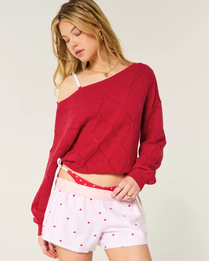 Easy Heart Pattern Off-the-Shoulder Sweater,Easy Heart Pattern Off-the-Shoulder Sweater