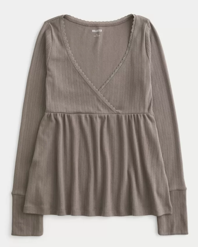 Easy Long-Sleeve Pointelle Babydoll Top,Easy Long-Sleeve Pointelle Babydoll Top