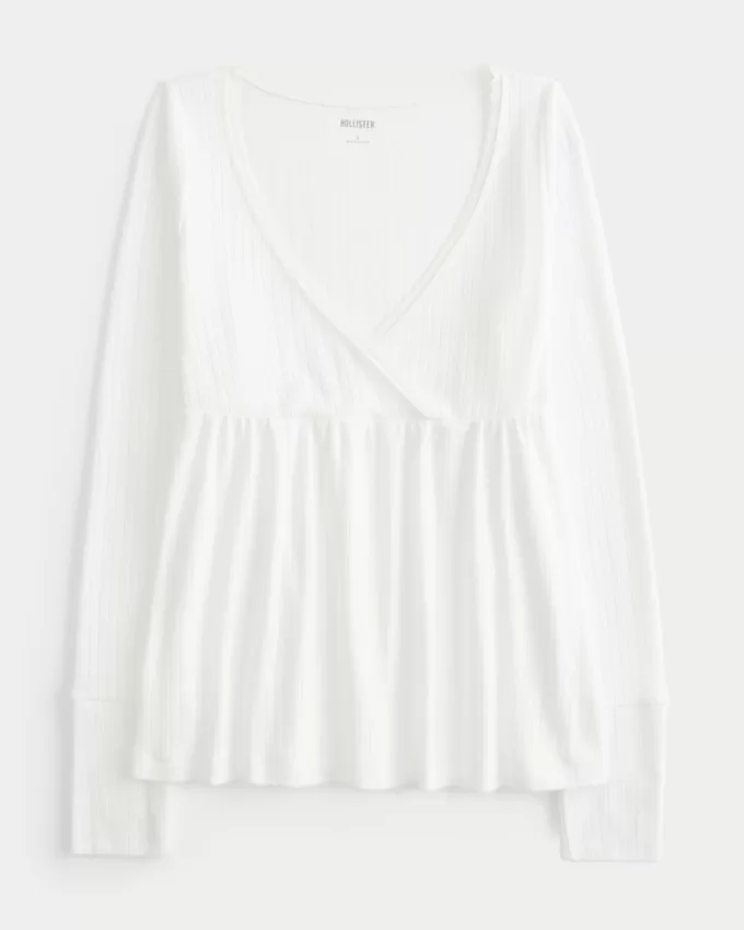 Easy Long-Sleeve Pointelle Babydoll Top,Easy Long-Sleeve Pointelle Babydoll Top