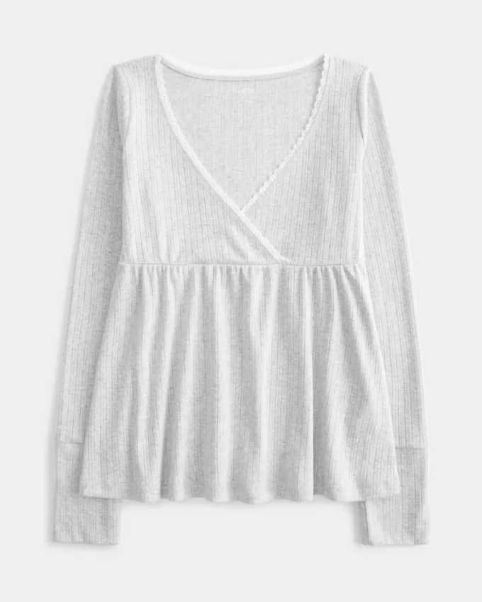 Easy Long-Sleeve Pointelle Babydoll Top,Easy Long-Sleeve Pointelle Babydoll Top