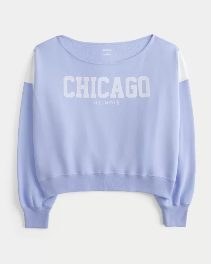 Easy Off-the-Shoulder Chicago Graphic Sweatshirt,Easy Off-the-Shoulder Chicago Graphic Sweatshirt