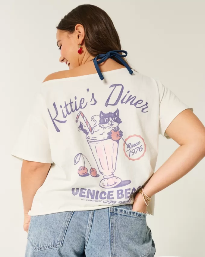 Easy Off-the-Shoulder Kittie’s Diner Graphic Tee,Easy Off-the-Shoulder Kittie’s Diner Graphic Tee