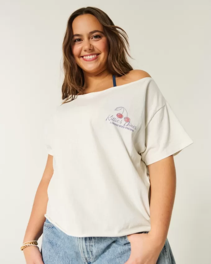 Easy Off-the-Shoulder Kittie’s Diner Graphic Tee,Easy Off-the-Shoulder Kittie’s Diner Graphic Tee