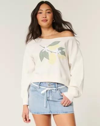 Easy Off-the-Shoulder Lemon Graphic Crew Sweatshirt,Easy Off-the-Shoulder Lemon Graphic Crew Sweatshirt