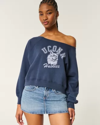 Easy Off-the-Shoulder UConn Huskies Graphic Sweatshirt,Easy Off-the-Shoulder UConn Huskies Graphic Sweatshirt