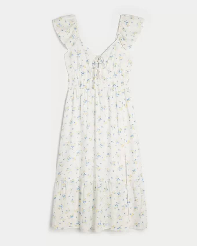 Flutter Sleeve Double-Tie Midi Dress,Flutter Sleeve Double-Tie Midi Dress