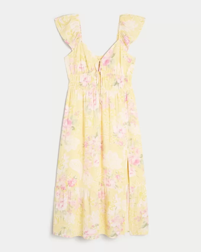 Flutter Sleeve Double-Tie Midi Dress,Flutter Sleeve Double-Tie Midi Dress