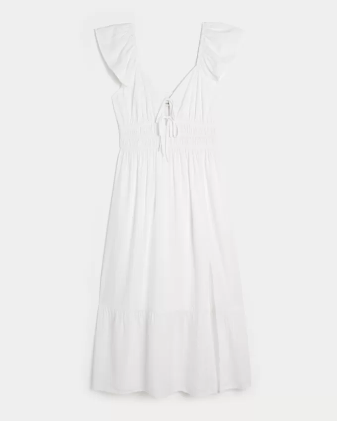 Flutter Sleeve Double-Tie Midi Dress,Flutter Sleeve Double-Tie Midi Dress