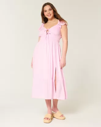 Flutter Sleeve Double-Tie Midi Dress,Flutter Sleeve Double-Tie Midi Dress