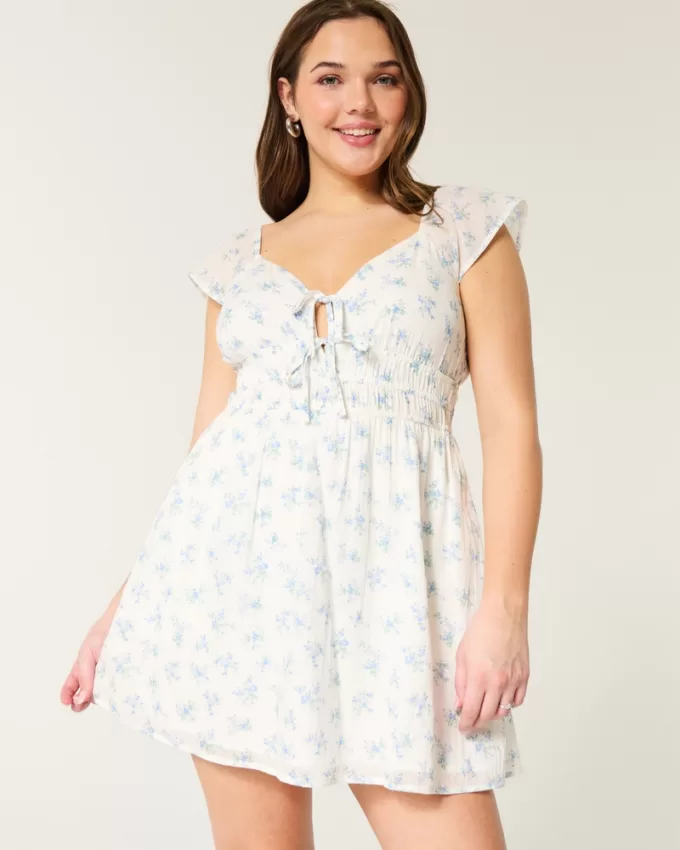 Flutter Sleeve Double-Tie Skort Dress,Flutter Sleeve Double-Tie Skort Dress