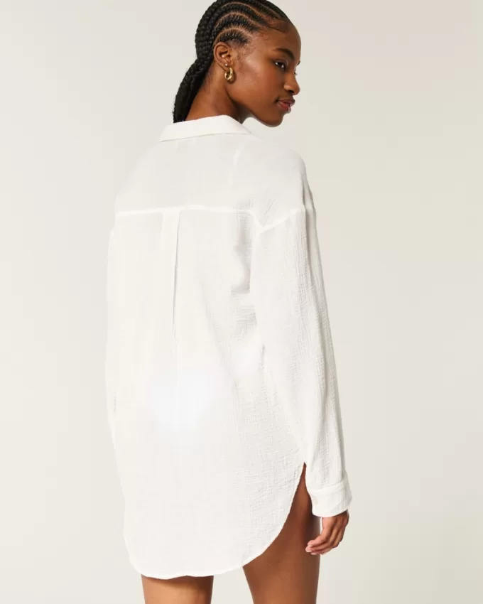 Gauze Button-Through Shirt Dress,Gauze Button-Through Shirt Dress