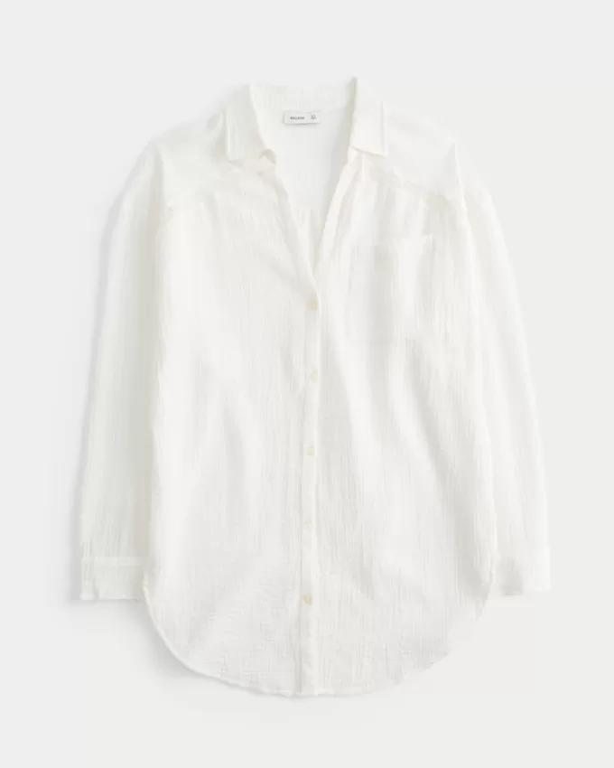 Gauze Button-Through Shirt Dress,Gauze Button-Through Shirt Dress