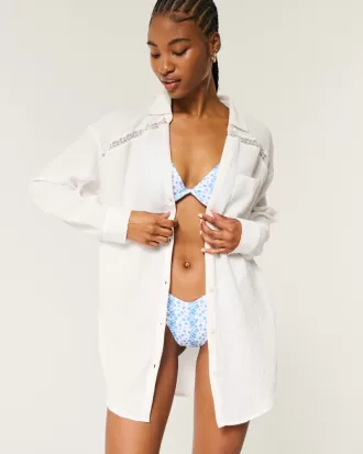 Gauze Button-Through Shirt Dress,Gauze Button-Through Shirt Dress