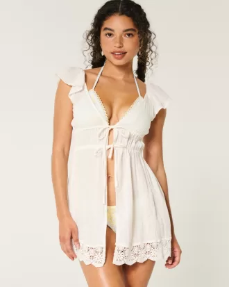 Gauze Tie-Front Cover Up Top,Gauze Tie-Front Cover Up Top